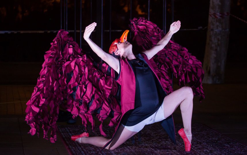 Imagen de una persona bailando con una vestimenta de pájaro