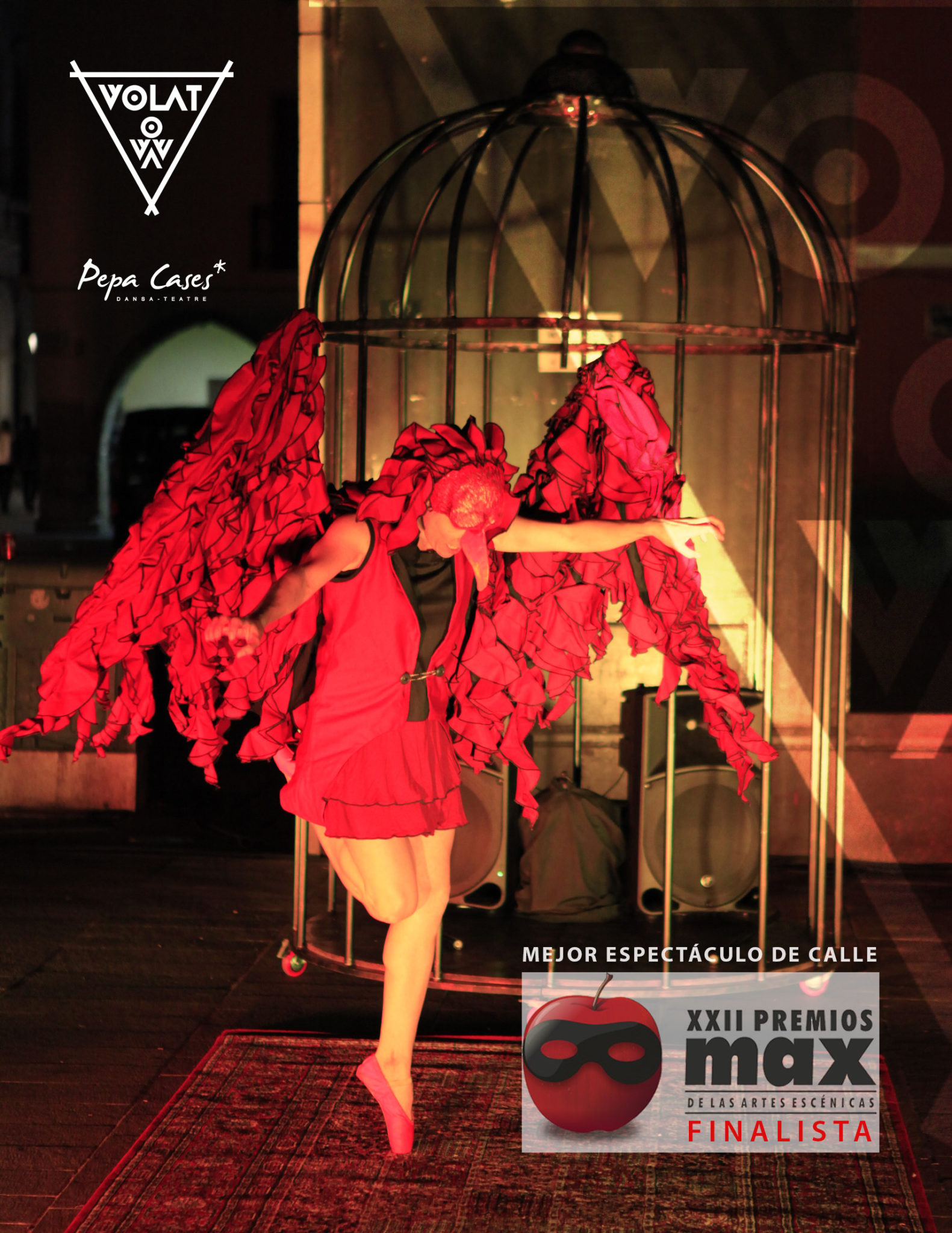 Imagen de una persona bailando con una vestimenta de pájaro y de fondo una jaula gigante