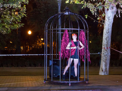 Imagen de una persona bailando con una vestimenta de pájaro dentro de una jaula gigante