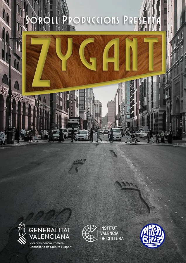 Imagen del cartel de zygant en el que sale el nombre y una calzada con huellas de pies marcadas en el asfalto